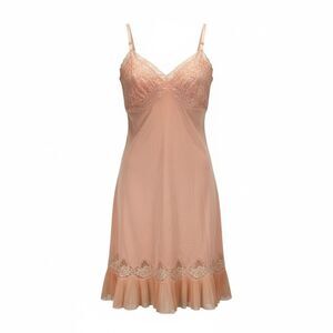 Vintage Peach Lace Slip Dress Pleated Hem Nylon Lingerie Fairycore Y2K Coquette